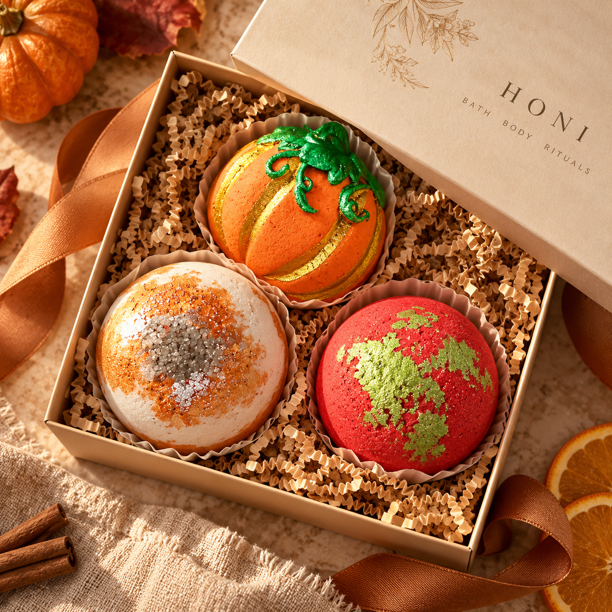 Honi Harvest Bath Bomb Trio gift assortment with three autumn bath bombs